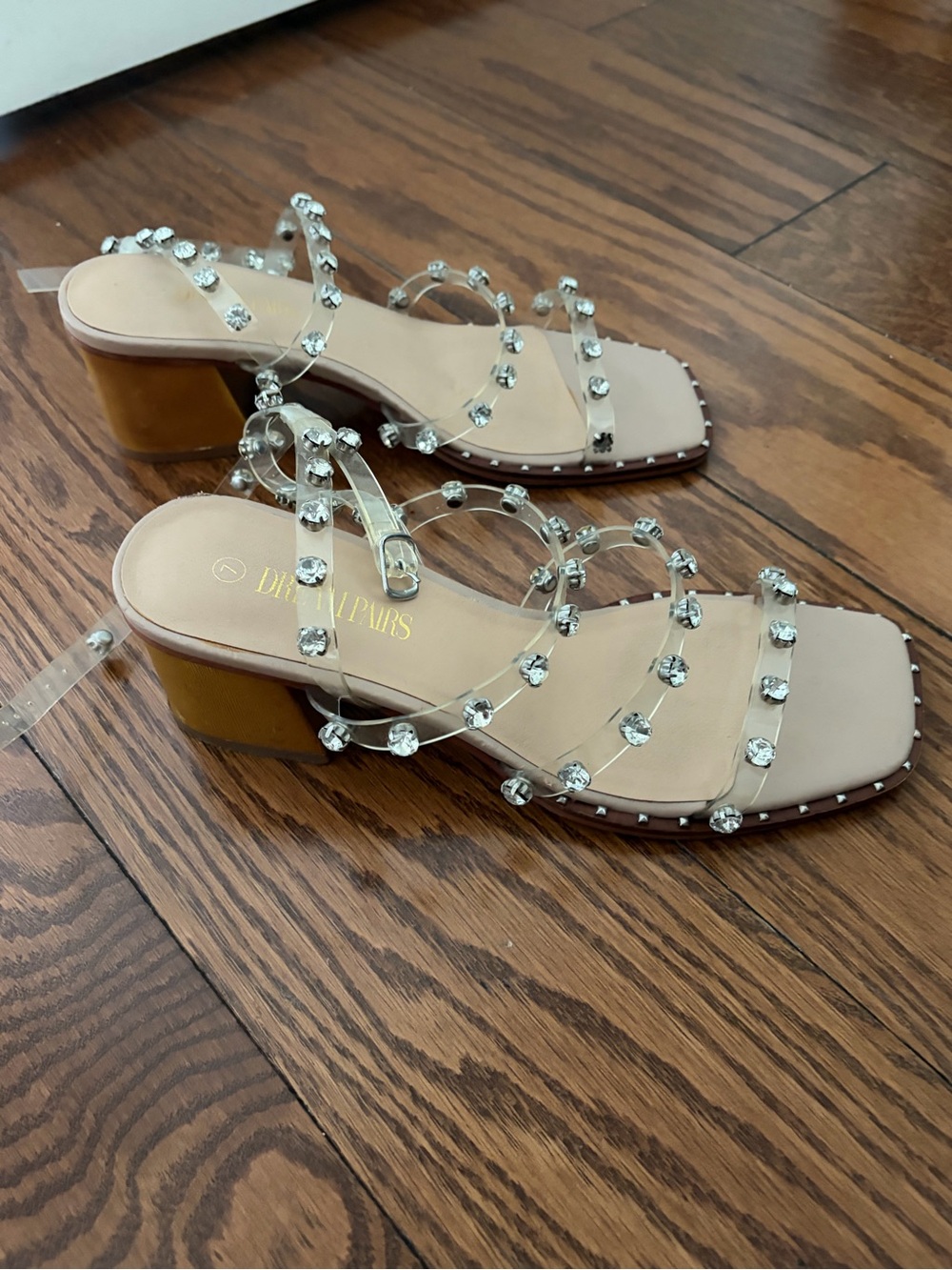 Dream Pairs Clear Crystal Strappy Block Heel Sandals - Nude/Tan